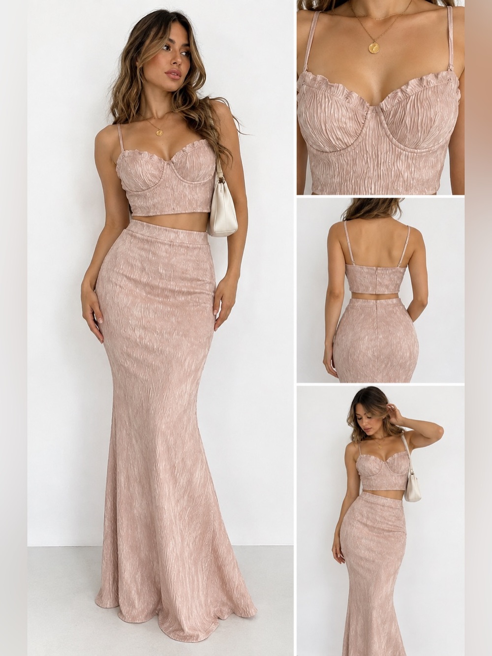 Commense FAIRY Blush Pink Two-Piece Maxi Skirt Set - Sleek Textured